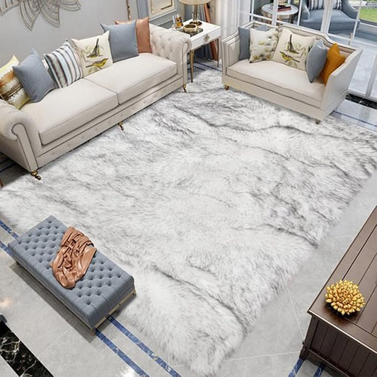 Latepis 10x14 White with Grey Tips Fur Rug for Living Room Faux Sheepskin Fluffy Shag Rug for Bedroom Fuzzy Rug Room Décor Entertainment Room, Rectangle