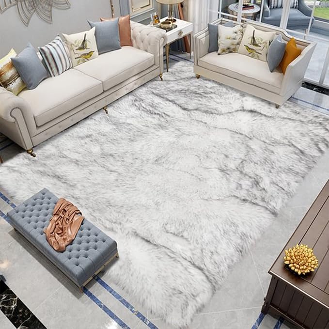 Latepis 12x12 Rugs for Living Room Super Large Faux Sheepskin Fur Rug White with Grey Tips Area Rugs Sofa Fluffy Rug Shag Rug for Bedroom Home Office Entertainment Room, Square