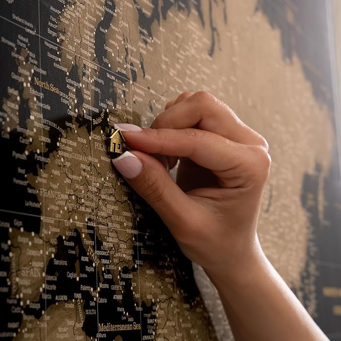 Canvas World Map with Cork Pin Board - English Lettering - Decorative Wall Decoration for All Rooms - Canvas Pictures with World Map Motif (150x100 cm, Pattern 6)