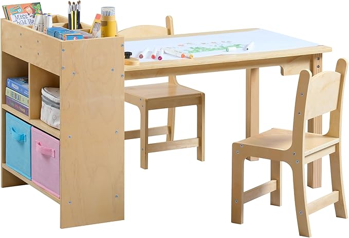 Kids Art Table and 2 Chairs Set, Pine Plywood Toddler Activity Craft Desk with Storage Bins for Drawing, Writing, Reading, Ideal for Nursery, Playrooms & Classroom