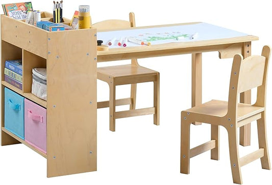 Kids Art Table and 2 Chairs Set, Pine Plywood Toddler Activity Craft Desk with Storage Bins for Drawing, Writing, Reading, Ideal for Nursery, Playrooms & Classroom