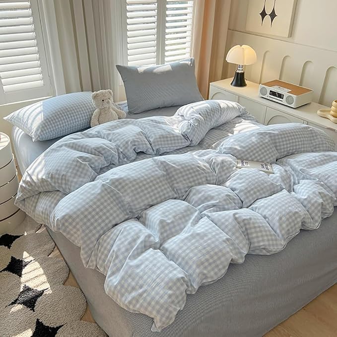 Nayoroom Blue Gingham Comforter Set Full Size Plaid Checkered Dorm Bedding Set 3 Pieces Soft Lightweight Farmhouse Grid Comforter for All Seasons (1 Comforter, 2 Pillowcases)