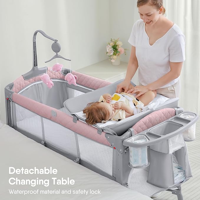 ADOVEL Baby Bassinet Bedside Crib, Pack and Play with Mattress, Diaper Changer and Playards from Newborn to Toddles, Pink
