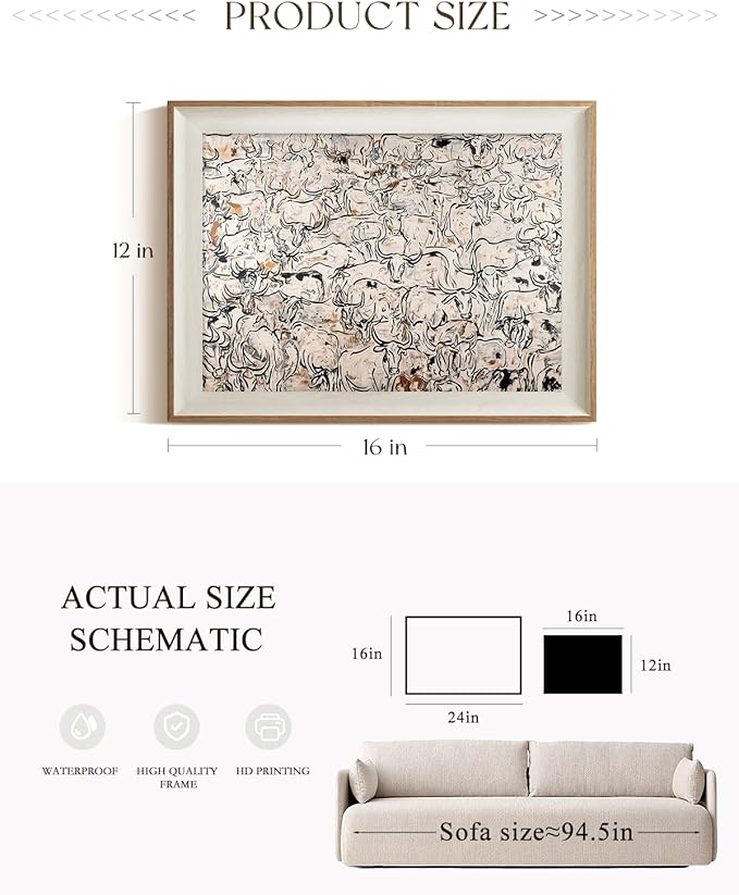 ARPEOTCY Framed Canvas Wall Art, 12x16 Abstract Cattle Herd Painting, Minimalist Line Art in Neutral Tones, Modern Western Farmhouse Wall Decor for Living Room or Office