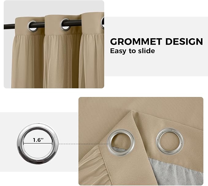 100% Blackout Curtains for Bedroom, Double Layer Khaki Curtains, Black Out Curtain 96 inch Long with Sheer Overlay for Living Room, Room Darkening Window Drapes with Grommet, 52" W x 96" L
