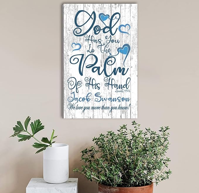 Baptism Gift God Has You In The Palm of His Hand Sign Nursery Or Child's Room Wall Decor Personalized Gift for Christian Home Art For Baby, Boy or Girl's Room From Grandparent Dad Mom GodParent