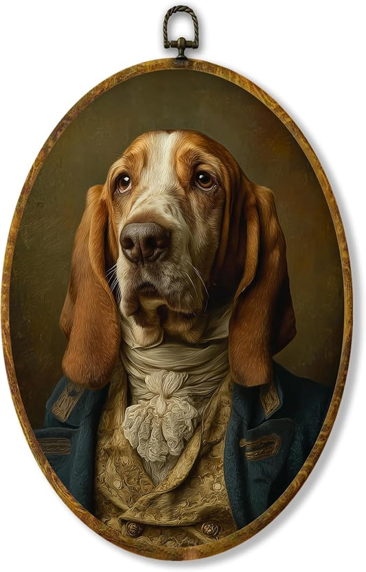 Hiuwevt Vintage Basset Hound Oval Wall Art Decor, Basset Hound Gifts for Women Framed Canvas Prints, Renaissance Style Dog Oval Wall Hanging Decor for Bedroom Living Room Decorations, 8.6x11.4 Inches