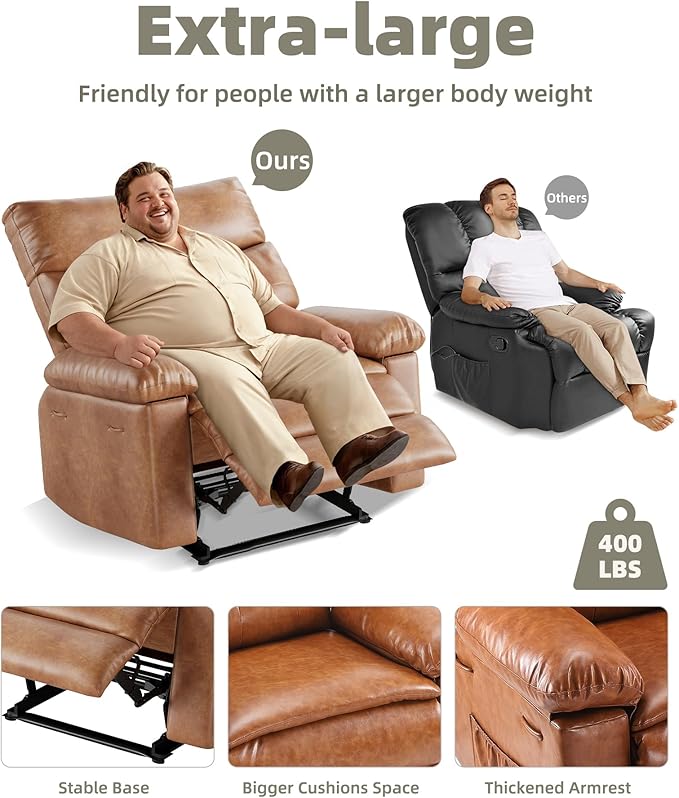 GarveeHome Oversized Wide Recliner Chair - Heat and Massage, PU Leather Extra Wide Manual Recliner for Adults, Large Lazy Chair with 1.5X Sponge Comfort Arm and Back for Living Room, Bedroom
