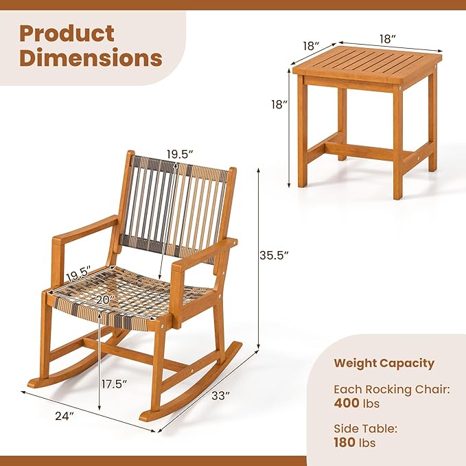 Tangkula 3 Piece Patio Rocking Set, Acacia Wood Rocker Bistro Set w/Rattan Seat & Back, 2 Outdoor Armchairs w/Square Side Table for Porch, Balcony, Backyard