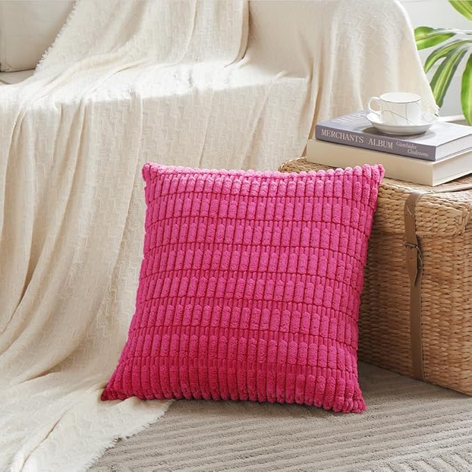 Fancy Homi 2 Packs Hot Pink Decorative Throw Pillow Covers 20x20 Inch for Living Room Couch Bed Sofa, Rustic Farmhouse Boho Home Decor, Soft Striped Fuschia Corduroy Square Cushion Case 50x50 cm