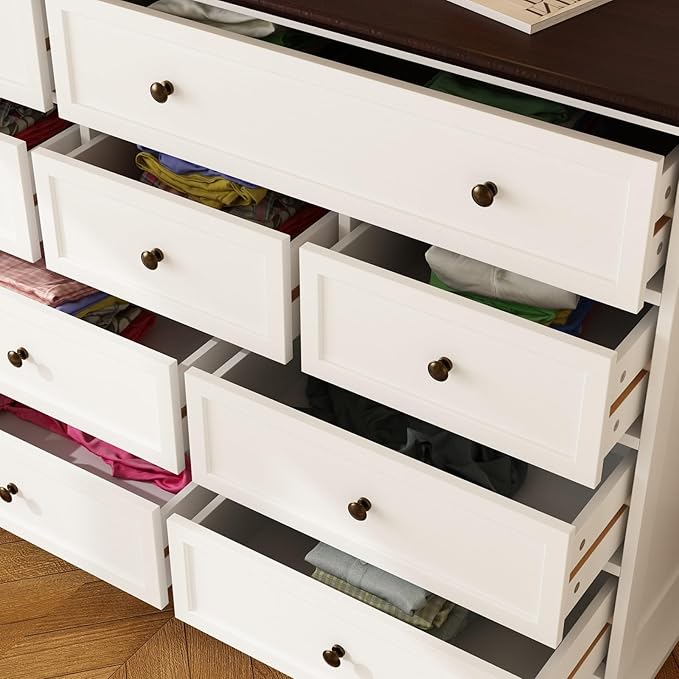 12 Drawer Dresser Chest of Drawers, White Dresser for Bedroom, Retro Wood Dressers with 12 Drawers, for Living Room Bedroom Hallway, White and Brown 15.7”D x 61”W x 31.5”H