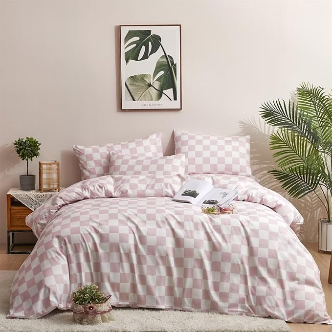 Houseri White Pink Plaid Duvet Cover Twin Size Girls Baby Pink Grid Bedding Sets Light Pink Checkerboard Duvet Covers Twin Kids Boys Gingham Comfy Soft Pale Pink Buffalo Checkered Bed Duvet Cover Twin