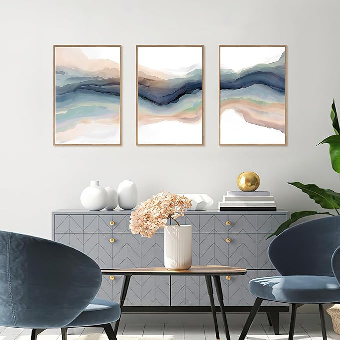 HLNIUC Blue Abstract Wall Art, Watercolor Line 16"x24" Framed Art Set of 3, Modern Wave Canvas Wall Decor, Natural Landscape Paint Stroke Prints for Living Room, Bedroom, Office