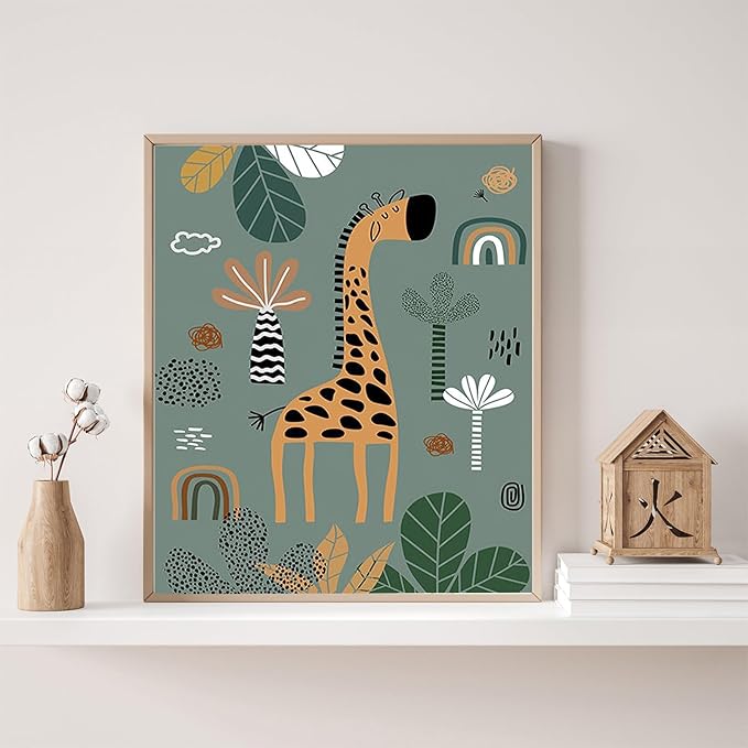 Boho Animal Wall Art Prints for Nursery & Kids Room - 3-Piece Set of Cute Wildlife Decor (Giraffe/Lion/Zebra), Vintage Style Wall Decorations, 12x16 inch Unframed, Adds Warmth & Vibrancy to Bedroom/Home