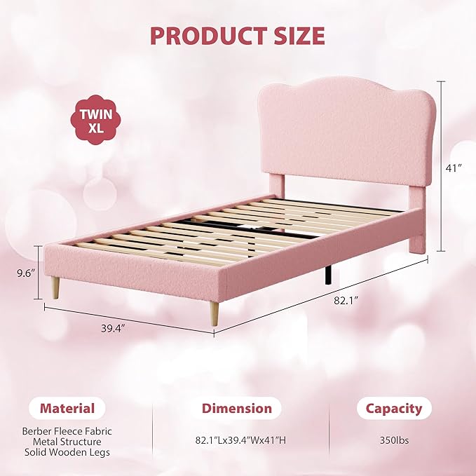 GarveeHome Upholstered Twin XL Size Bed Frame for Kids with Scallop Headboard, Cute Velvet Twin XL Bed for Girls, Boys, Sturdy Platform Bed, No Box Spring Needed, Wooden Slats, Noise Free, Pink