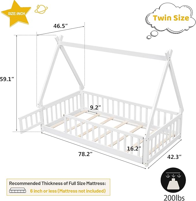 Twin House Bed Frame with Fence Rails and Door,Wood Montessori Floor Bed with Slats Support,Teepee Tent Beds Kids Bed Frames for Girls Boys, White