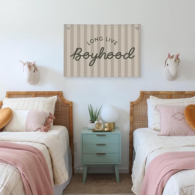 Long Live Boyhood Banner, Boy Nursery Decor, Canvas Banner Wall Hanging Flag Decor for Nursery Playroom Toddler Room, Boys Kids Room - Gray