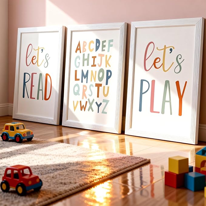 3 PCS Alphabet Framed Playroom Wall Decor,Classroom Must Haves Boho Educational ABC Poster Wooden Sign for Baby Girl Kid Boy Toddlers,Neutral Preschool English Letters Nursery Decor for Homeschool Kindergarten Kids Learning White