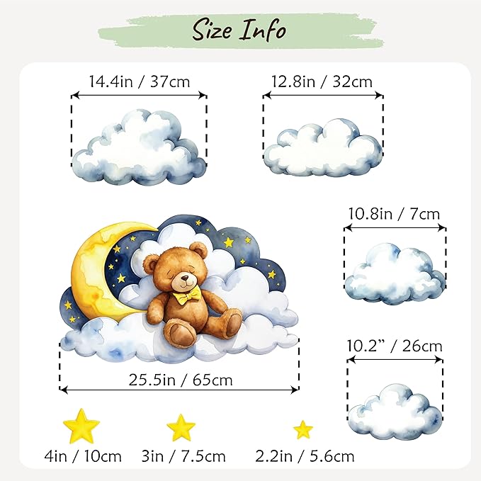 Boho Nursery Wall Decals - Dreamy Watercolor Teddy Bear Sleeping on Cloud | Multi-Piece Set with Clouds, Moon & Stars | Removable Fabric Wall Art for Kids Room