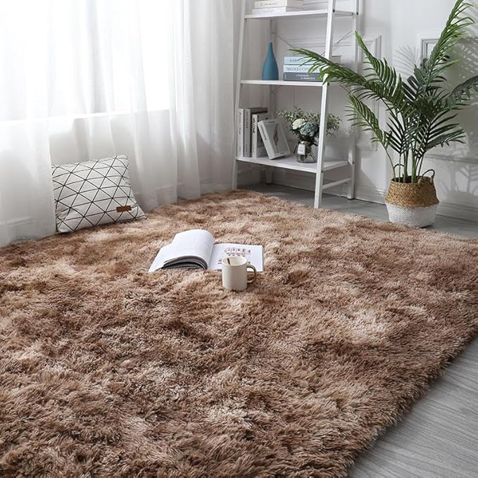 DweIke Fluffy Brown Rugs for Bedroom Living Room, 5x8 Feet Soft Plush Shaggy Tie-Dyed Dark Coffee Girls Boys Kids Rug, Upgraded Non-Slip and Machine Washable Carpet for Dorm Nursery Classroom Decor