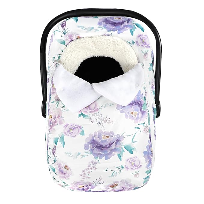 Winter Car Seat Cover for Babies Girl Boy, Super Warm Plush Fleece Infant Carseat Cover for Stroller Car Seat, Double Sides Zipper Winter Car Seat Canopy for Newborn, Purple Floral