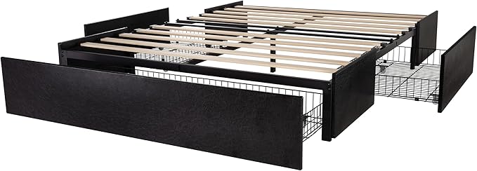 Allewie Queen Size Platform Bed Frame with 3 Storage Drawers, Faux Leather Upholstered, Wooden Slats Support, No Box Spring Needed, Easy Assembly, Black