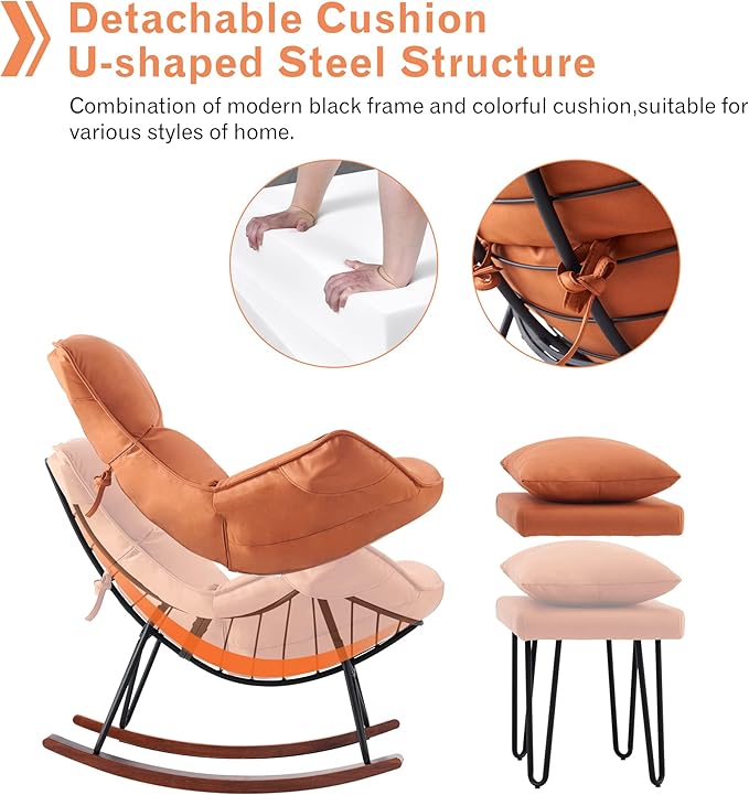 MCombo Modern Rocking Chair, Upholstered Glider Rocker Nursery Accent Chair with Ottoman, Comfy Reading Chairs for Living Room Bedroom Offices HQ203 (Orange)