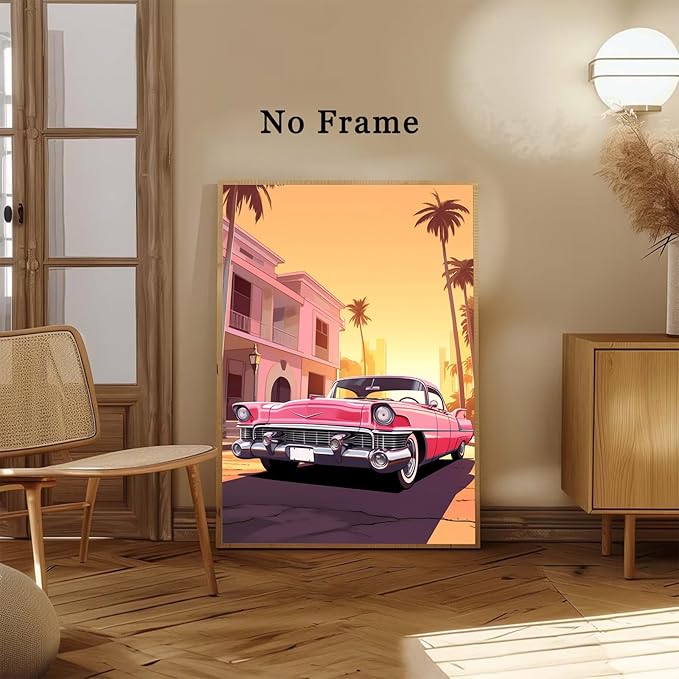 Pink Car Canvas Palm Tree Artwork Southwestern Canvas Wall Prints Pink Desert Painting Desert Mountain Wall Art Vintage Summer Poster Trendy Preppy Painting Summer Aesthetic Prints 16x24inch Frameless