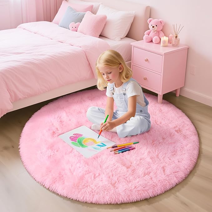 EVOIONOS Pink Round Rug for Bedroom, 4x4 Ft Fluffy Soft Circle Area Rugs for Living Room, Plush Shaggy Circular Carpet for Indoor Floor Bedside Girls Nursery, Machine-Washable Home Decor Aesthetic