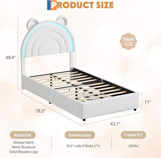 Garvee Princess Twin Size Bed Frame with 2 Storage Drawers & LED Lights, Upholstered Platform Bed with Rainbow Headboard for Kids/Girls, Solid Wood Slats Support, No Box Spring Needed, White