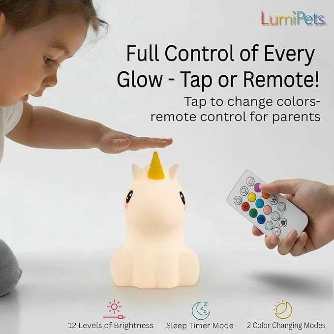 Lumipets Remote Control Silicone Night Light for Kids - Unicorn Design with 9 Soft Colors & Sleep Timer - Rechargeable, Battery-Operated Lamp for Bedroom | Baby Nursery, Toddler, Girls, Boys