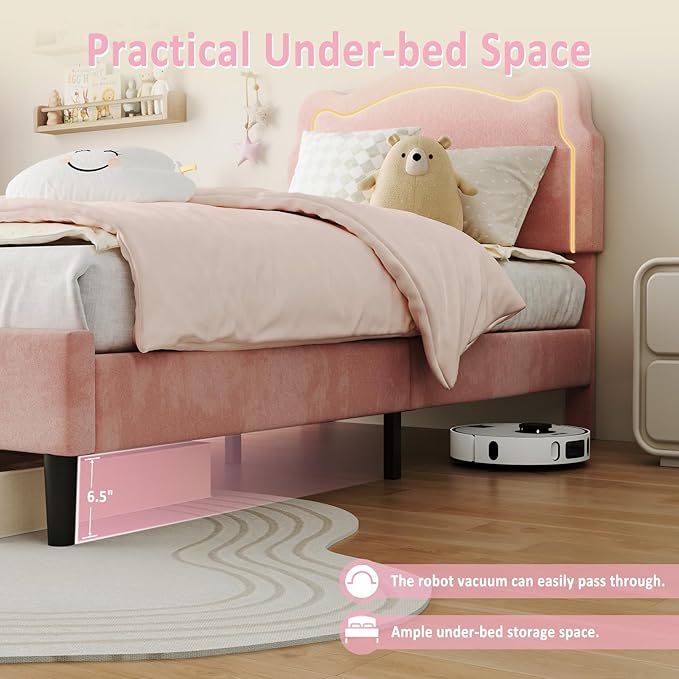GarveeHome Twin Upholstered Smart LED Bed Frame with Headboard, Velvet Princess Platform Bed Frame for Kids, Wooden Slats Support, No Box Spring Needed (Pink, Twin)
