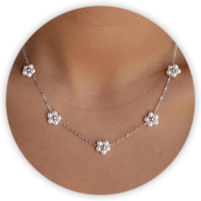 SmileBelle Pearl Necklaces for Women, Daisy Pearl Choker as Christmas Stocking Stuffers for Teens, Silver Daisy Pearls Jewelry Trendy Stuff Birthday Gifts 3 Pearls White Necklace as Wedding Jewelry