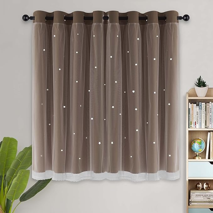 Kinryb Kids Blackout Curtains for Bedroom/Living Room/Classroom, Sheer Overlay Small 2 Panel Set, Double Layer Curtains with Star Cutout for Kids Room(W 52 x L 45 Inches,Coffe 2 Pcs)