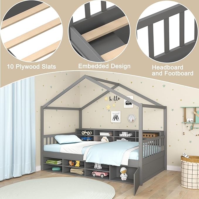 KOMFOTT Twin Size Wood House Bed with Storage Shelves, Wooden Platform Bed Frame with Storage Cabinet, Headboard & Footboard, House Bed with Wood Slats Support, No Box Spring Needed (Grey)