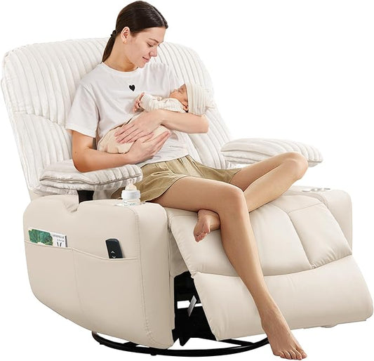 SUNWAVE Power Nursery Rocking Chair with Adjustable Armrests, Nursing Chair with USB, Cup Holders & Blanket, Swivel Rocker Recliner with Corduroy and PU Leather Mixed Fabric (Beige)
