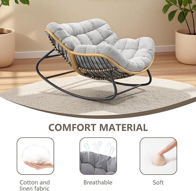 Oversized Papasan Rocking Chair with Thick Cushion, Rattan Wicker Egg Chair for Indoor/Outdoor Patio, Bedroom, Living Room, Porch, or Backyard – Grey