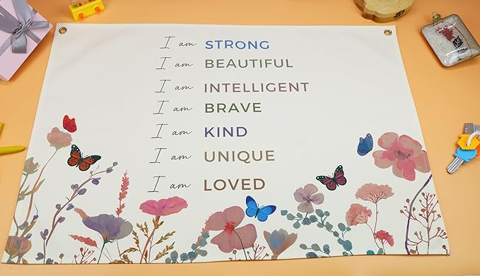 Positive Boho Girls Room Rectangular Banner Flag Wall Sign Decor Gift for Nursery Above Crib Bedroom Playroom Reading Room Essential Wall Decor-Baby Shower Christmas Gift-I Am Strong I Am Beautiful