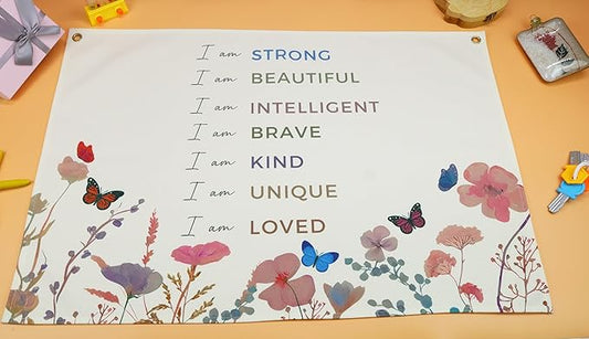 Positive Boho Girls Room Rectangular Banner Flag Wall Sign Decor Gift for Nursery Above Crib Bedroom Playroom Reading Room Essential Wall Decor-Baby Shower Christmas Gift-I Am Strong I Am Beautiful