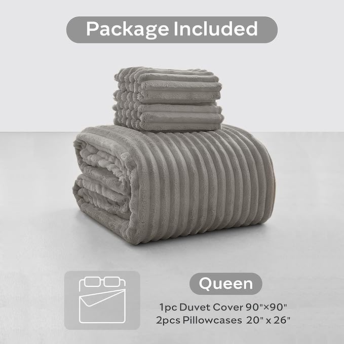 JELLYMONI Plush Duvet Cover Set - Queen Size Light Gray Striped Fluffy Comforter Cover 3pcs Bedding Set Luxury Ultra Soft Faux Fur Duvet Cover with Zipper and 2 Pillowcases (NO Comforter)
