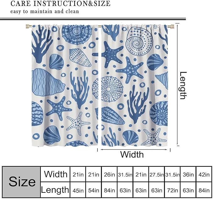 Coastal Nautical Curtains,Coral Starfish Seashell Beach Sea Starfish Seashell Theme Pattern Blackout Print Bedroom Living Room Window Treatmen 3 Panel Set 55x63 Inch