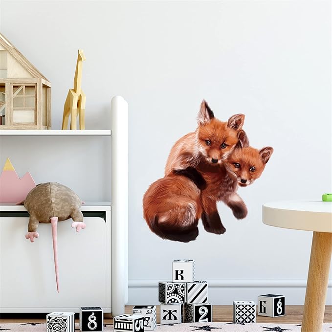 ROFARSO Lifelike Cute Lovely Two Little Foxes Animal Wall Stickers Removable Wall Decals Peel and Stick Wall Art Decorations Home Decor for Kid Nursery Baby Bedroom Living Room Playing Room Murals