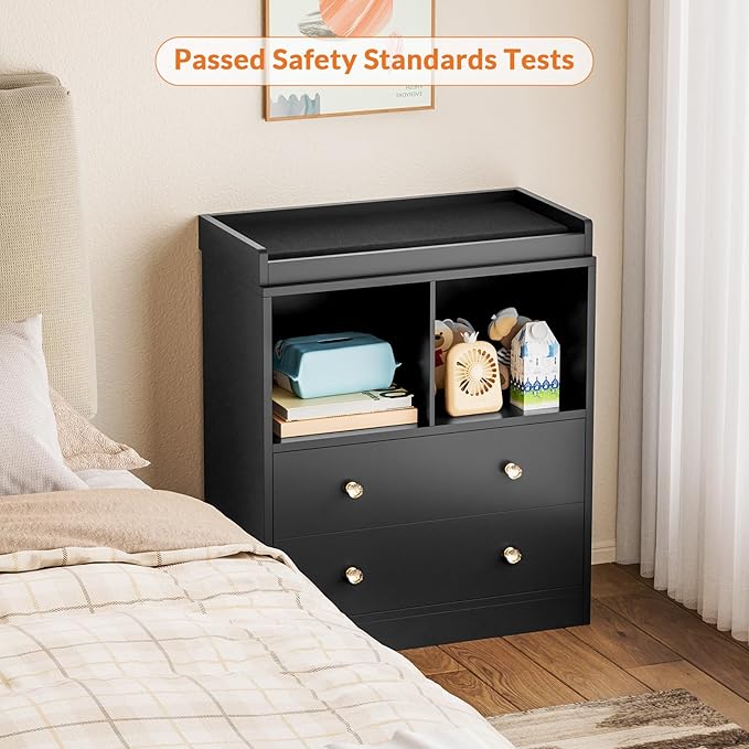 Modern 2-Drawer Nursery Changing Table with Media Shelves, Black Baby Dresser with Crystal Knobs, Multi-Purpose Diaper Station Storage Organizer for Infant Room, Anti-Tip Safety Design
