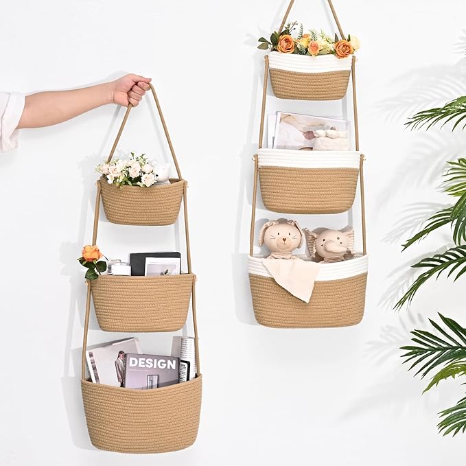 Hanging Storage Baskets, 3-Tier Over the Door Basket, Cotton Wall Baskets Storage, Detachable Hanging Door Basket with 4 Hooks, Over the Door Organizer Nursery for Bedroom, Living Room, Bathroom Wall