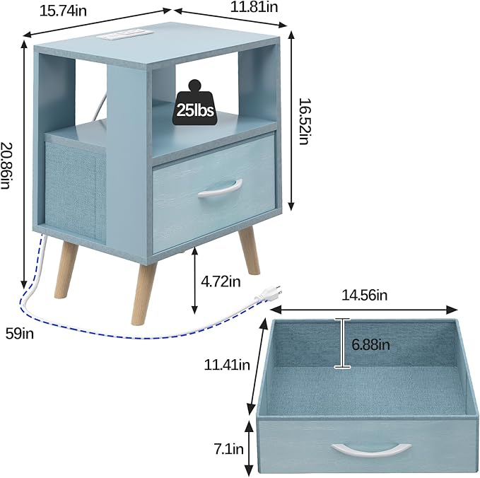 Night Stand with Charging Station, Blue Kids Nightstand with Drawer, 2-Tier Nursery Bedside Table with USB Ports and Outlets, End Table for Small Space, Living Room, Bedroom