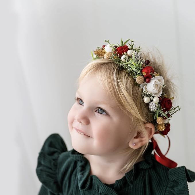 Christmas Flower Crown for Girls Winter Floral Crown Holiday Decoration Headband Xmas Wedding Headpiece Wreath Red Green Golden Gifts for GrandkidsGarland