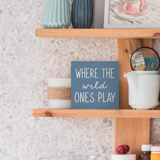 Where The Wild Ones Play Blue Wood Box Sign Desk Decor 5X5, Nursery Kids Room Wooden Block Sign Decorations for Playroom Toddler Boys Girls Room Wall Tabletop Shelf Decor