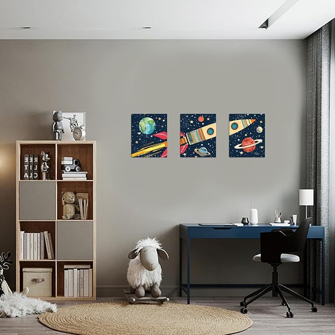 KAIRNE Rocket Outer Space Decor,Solar System Wall Art,The Planets Hanging Decor,Rocket Artwork Paintings out of space decor for Boys Bedroom Toddler Kids Room Classroom Decoration