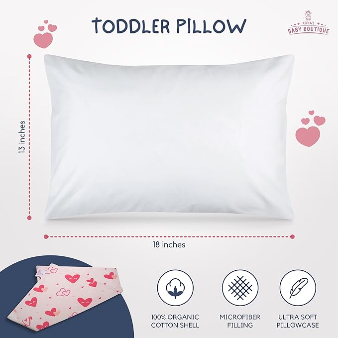 Pink Hearts - Kona's Perfect Toddler Pillow with Softest Toddler Pillowcase - 13 x 18 inch Toddler Pillow - Toddler Pillow 2 Year Old, Toddler Pillow 3 Year Old