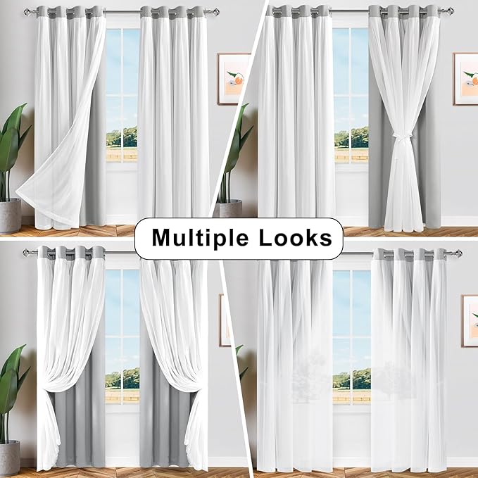 Hiasan Blackout Curtains with Sheer Overlay, Thermal Insulated Privacy Double Layer Mix & Match Window Curtains for Girls Bedroom, Living Room, 2 Drape Panels with Tiebacks, Silver Grey, 52W X 54L